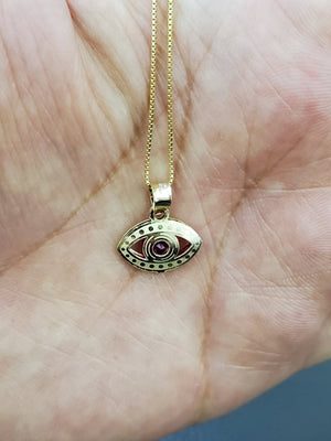 10K Solid Real Yellow Gold Evil Eye Blue, Red & White Cz Pendant Charm with Box Chain