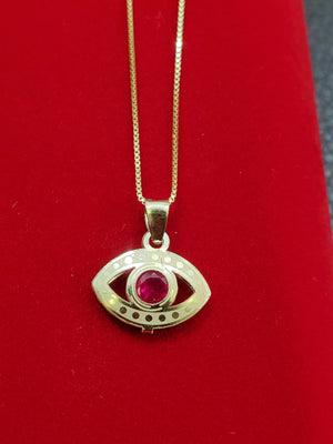 10K Solid Real Yellow Gold Evil Eye Blue, Red & White Cz Pendant Charm with Box Chain