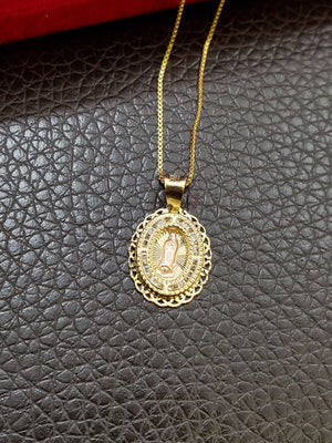 10K Solid Real Yellow Gold Mother Mary Cz Pendant Charm with Box Chain