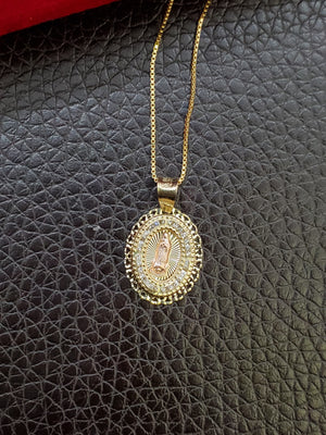 10K Solid Real Yellow Gold Mother Mary Cz Pendant Charm with Box Chain