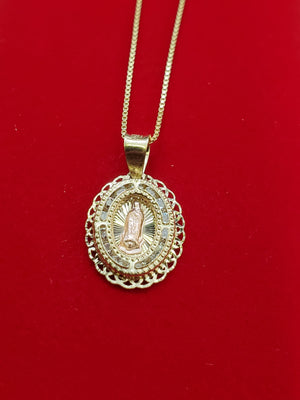 10K Solid Real Yellow Gold Mother Mary Cz Pendant Charm with Box Chain