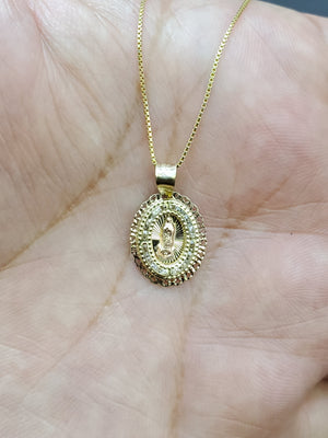 10K Solid Real Yellow Gold Mother Mary Cz Pendant Charm with Box Chain
