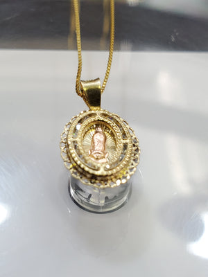 10K Solid Real Yellow Gold Mother Mary Cz Pendant Charm with Box Chain