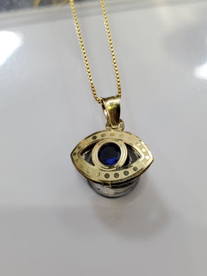 10K Solid Real Yellow Gold Evil Eye Blue, Red & White Cz Pendant Charm with Box Chain