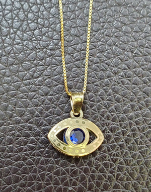10K Solid Real Yellow Gold Evil Eye Blue, Red & White Cz Pendant Charm with Box Chain