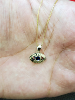 10K Solid Real Yellow Gold Evil Eye Blue, Red & White Cz Pendant Charm with Box Chain
