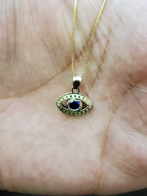 10K Solid Real Yellow Gold Evil Eye Blue, Red & White Cz Pendant Charm with Box Chain