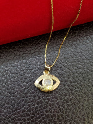 10K Solid Real Yellow Gold Evil Eye Blue, Red & White Cz Pendant Charm with Box Chain