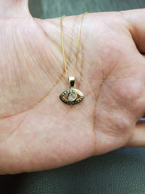 10K Solid Real Yellow Gold Evil Eye Blue, Red & White Cz Pendant Charm with Box Chain