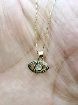 10K Solid Real Yellow Gold Evil Eye Blue, Red & White Cz Pendant Charm with Box Chain