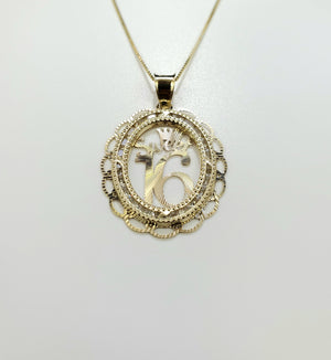 10K Solid Real Yellow Gold Circle Sweet 16 Cz Pendant Charm with Box Chain
