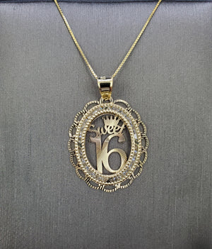 10K Solid Real Yellow Gold Circle Sweet 16 Cz Pendant Charm with Box Chain