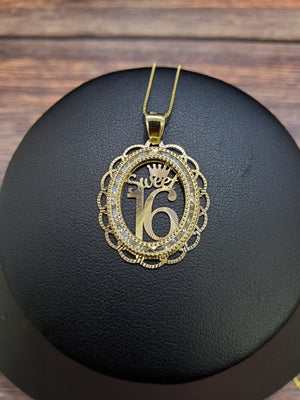10K Solid Real Yellow Gold Circle Sweet 16 Cz Pendant Charm with Box Chain