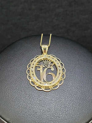 10K Solid Real Yellow Gold Circle Sweet 16 Cz Pendant Charm with Box Chain