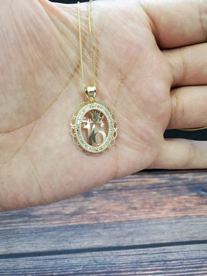 10K Solid Real Yellow Gold Circle Sweet 16 Cz Pendant Charm with Box Chain