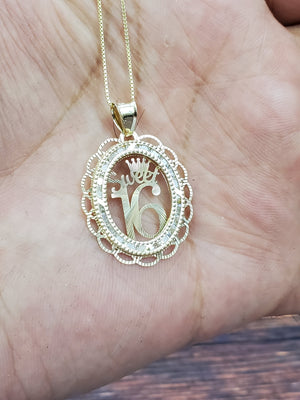 10K Solid Real Yellow Gold Circle Sweet 16 Cz Pendant Charm with Box Chain