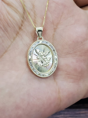 10K Solid Real Yellow Gold Round Saint Michael Cz Pendant Charm with Box Chain
