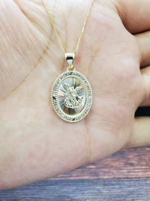 10K Solid Real Yellow Gold Round Saint Michael Cz Pendant Charm with Box Chain