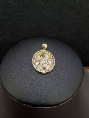 10K Solid Real Yellow Gold Round Saint Michael Cz Pendant Charm with Box Chain