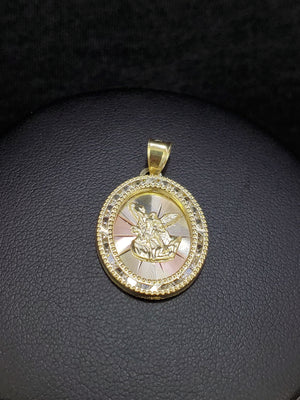 10K Solid Real Yellow Gold Round Saint Michael Cz Pendant Charm with Box Chain