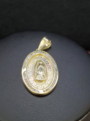 10K Solid Real Yellow Gold Round Mother Mary Cz Pendant Charm with Box Chain