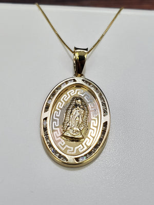 10K Solid Real Yellow Gold Round Mother Mary Cz Pendant Charm with Box Chain