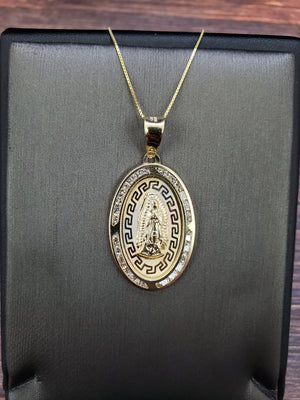 10K Solid Real Yellow Gold Round Mother Mary Cz Pendant Charm with Box Chain
