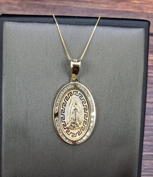 10K Solid Real Yellow Gold Round Mother Mary Cz Pendant Charm with Box Chain