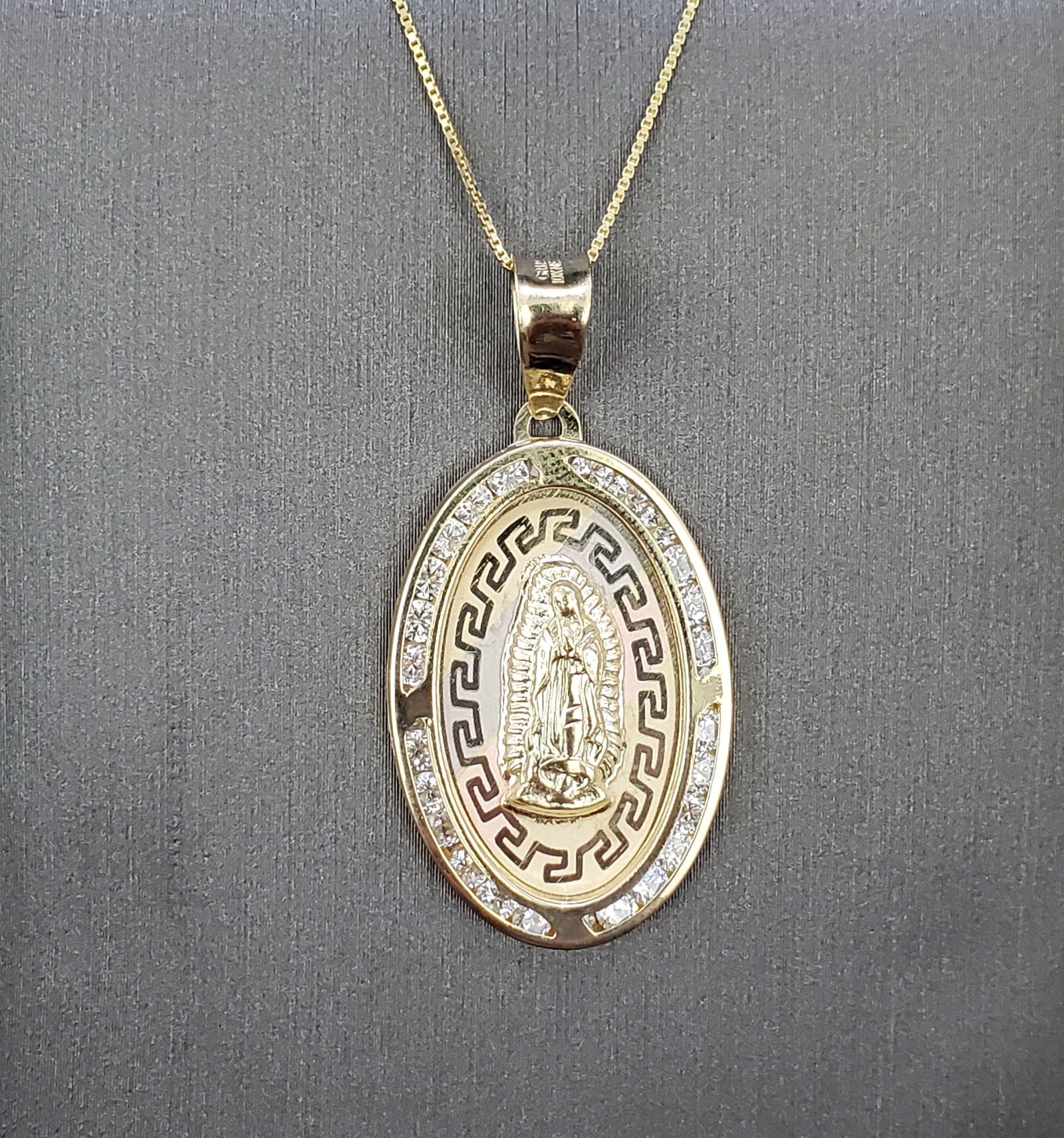 10K Real Gold Mother Mary Tri Color Oval CZ Charm with Box Chain