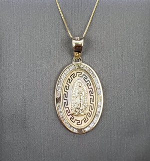 10K Solid Real Yellow Gold Round Mother Mary Cz Pendant Charm with Box Chain
