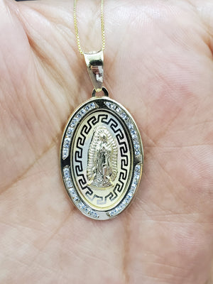 10K Solid Real Yellow Gold Round Mother Mary Cz Pendant Charm with Box Chain
