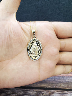 10K Solid Real Yellow Gold Round Mother Mary Cz Pendant Charm with Box Chain
