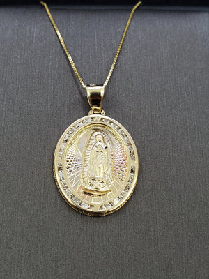 10K Solid Real Yellow Gold Round Mother Mary Cz Pendant Charm with Box Chain