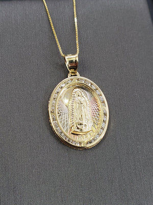 10K Solid Real Yellow Gold Round Mother Mary Cz Pendant Charm with Box Chain