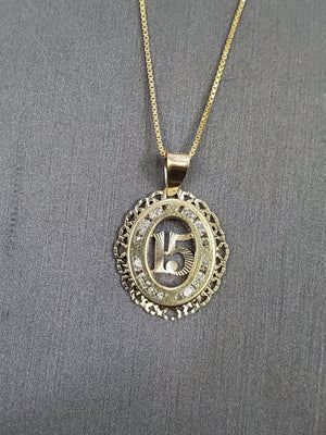 10K Solid Real Yellow Gold Circle 15 Cz Pendant Charm with Box Chain