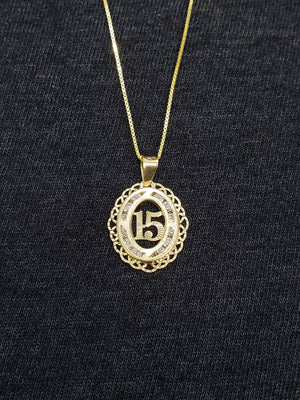 10K Solid Real Yellow Gold Circle 15 Cz Pendant Charm with Box Chain