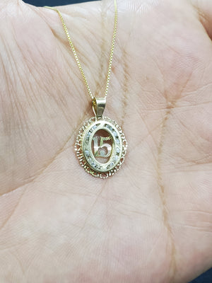 10K Solid Real Yellow Gold Circle 15 Cz Pendant Charm with Box Chain