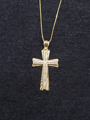 10K Solid Real Yellow Gold Cross Cz Pendant Charm with Box Chain
