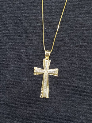 10K Solid Real Yellow Gold Cross Cz Pendant Charm with Box Chain