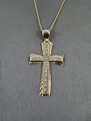 10K Solid Real Yellow Gold Cross Cz Pendant Charm with Box Chain