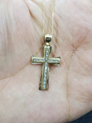10K Solid Real Yellow Gold Cross Cz Pendant Charm with Box Chain