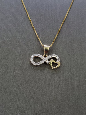 10K Solid Real Yellow Gold Cz Infinity Heart Pendant Charm with Box Chain