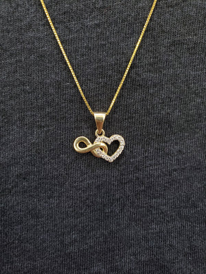 10K Solid Real Yellow Gold Infinity Cz with Heart Pendant Charm with Box Chain