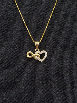 10K Solid Real Yellow Gold Infinity Cz with Heart Pendant Charm with Box Chain