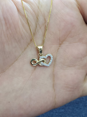 10K Solid Real Yellow Gold Infinity Cz Heart Pendant Charm with Box Chain