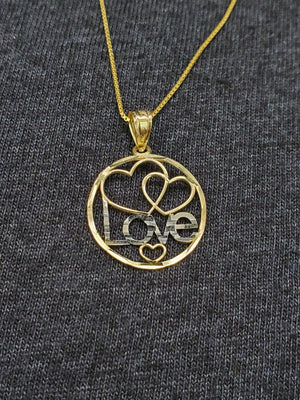 10K Solid Real Yellow Gold Circle Love Heart Pendant Charm with Box Chain