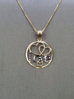 10K Solid Real Yellow Gold Circle Love Heart Pendant Charm with Box Chain