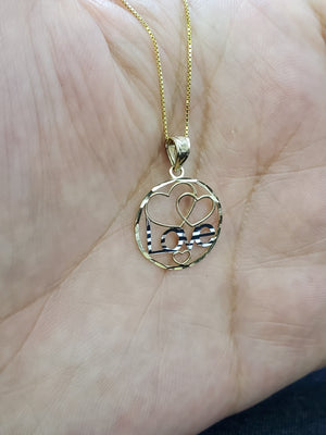 10K Solid Real Yellow Gold Circle Love Heart Pendant Charm with Box Chain