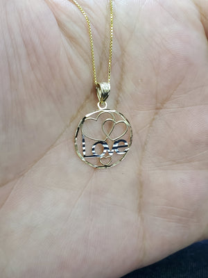 10K Solid Real Yellow Gold Circle Love Heart Pendant Charm with Box Chain