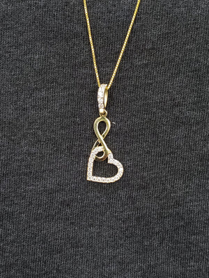 10K Solid Real Yellow Gold Infinity Heart Cz Pendant Charm with Box Chain